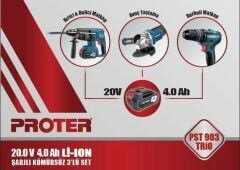 Proter PST 903 TRİO Şarjlı Delici Kırıcı Matkap + Avuç Taşlama + Darbeli Matkap 3 lü Set