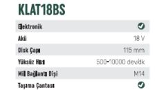 KLPRO KLAT18BS-00 18 Volt Şarjlı 115 mm Kömürsüz Profesyonel Avuç Taşlama Aküsüz Solo