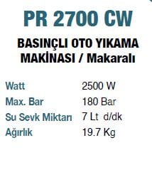 PROTER PR 2700 CW  Yüksek Basınçlı Oto Yıkama  2500 W 180 Bar