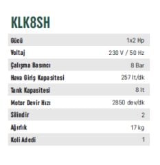 KLPRO KLK8SH 2 Hp / 8 Litre Sessiz Kompresör