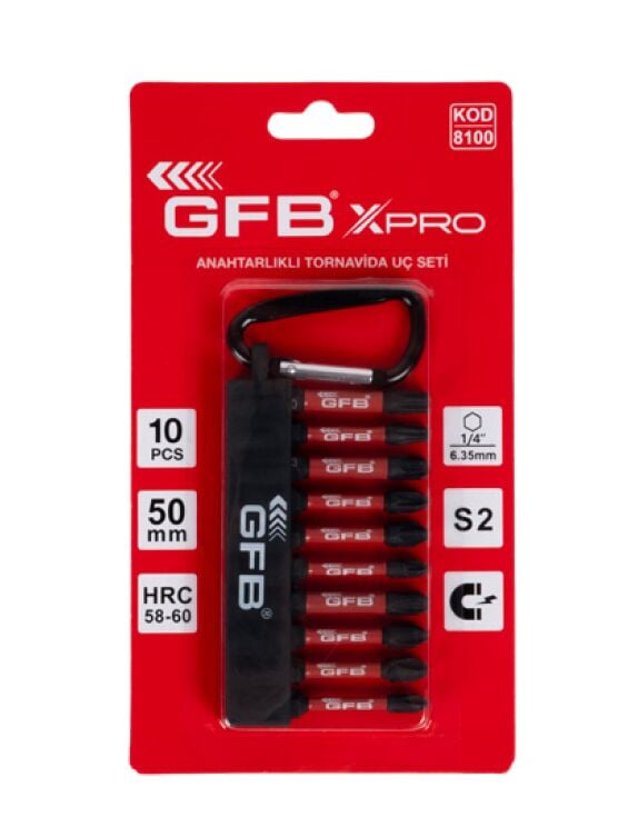 GFB XPRO 8100 Anahtarlıklı Darbeli Tornavida Uç Seti 10 Parça