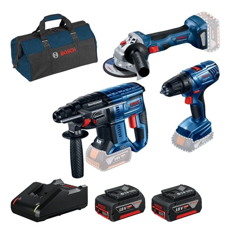 Bosch Üçlü Set GBH 180-LI + GSR 180-LI + GWS 180-LI + 2 Adet 4 Ah Batarya + Şarj Cihazı + Bez Çanta - 0615990M8Y